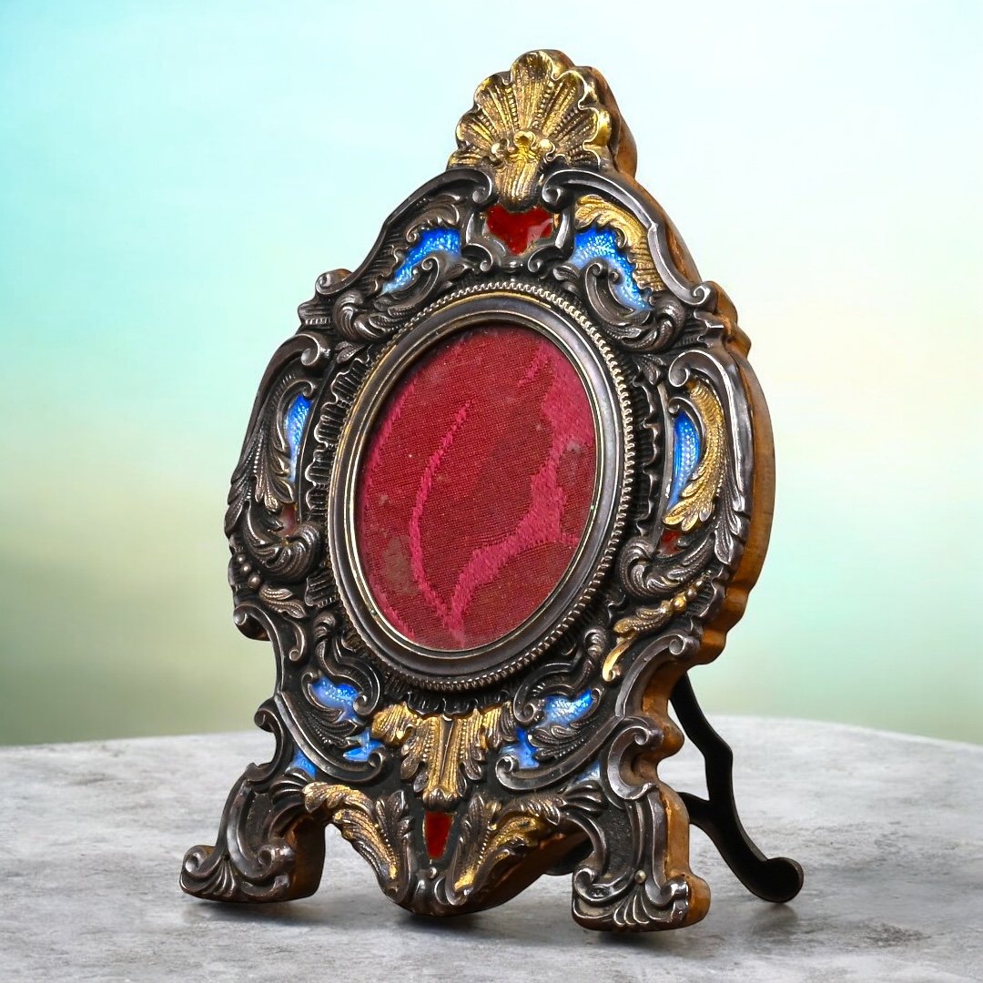 Stefani - Silver Frame, Hallmarked 800, With Vermeil And Enamel Parts - Italy, 20th Century-photo-4